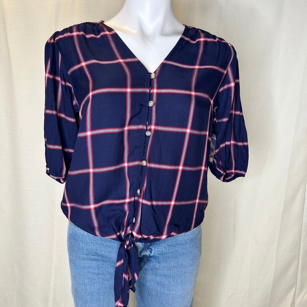 COMO VINTAGE Navy Red Plaid Tie Front V‎ Neck half Sleeve Blouse XS